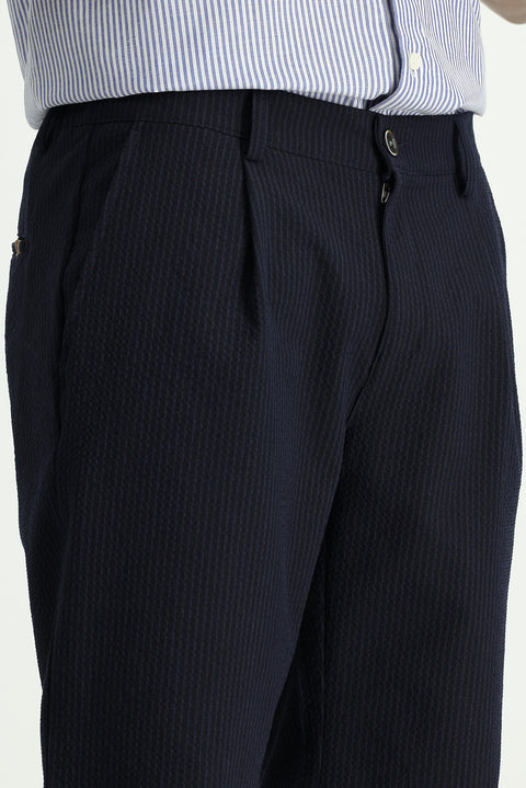 Mid Navy Regular Fit Standard Cut Lycra Striped Pleated Gofre Bermuda Shorts