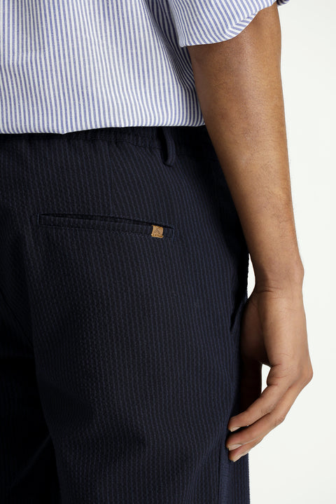 Mid Navy Regular Fit Standard Cut Lycra Striped Pleated Gofre Bermuda Shorts