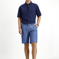 Indigo Regular Fit Standard Cut Lycra Striped Pleated Seersucker Bermuda Shorts