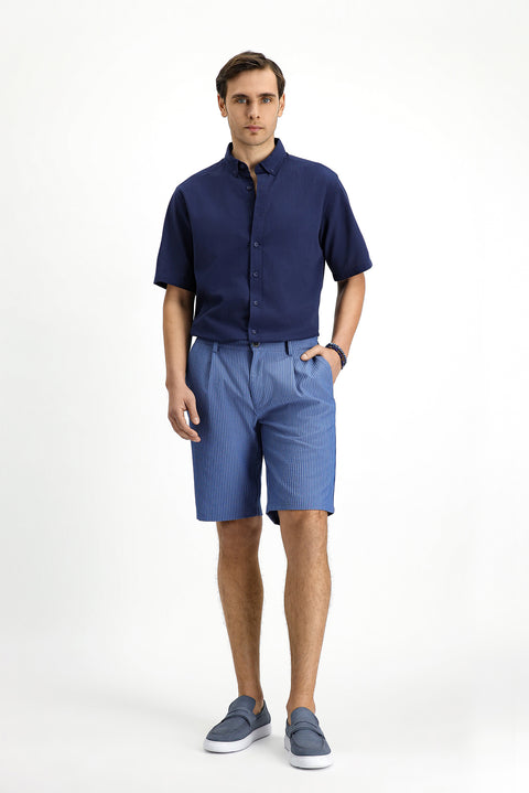 Indigo Regular Fit Standard Cut Lycra Striped Pleated Seersucker Bermuda Shorts