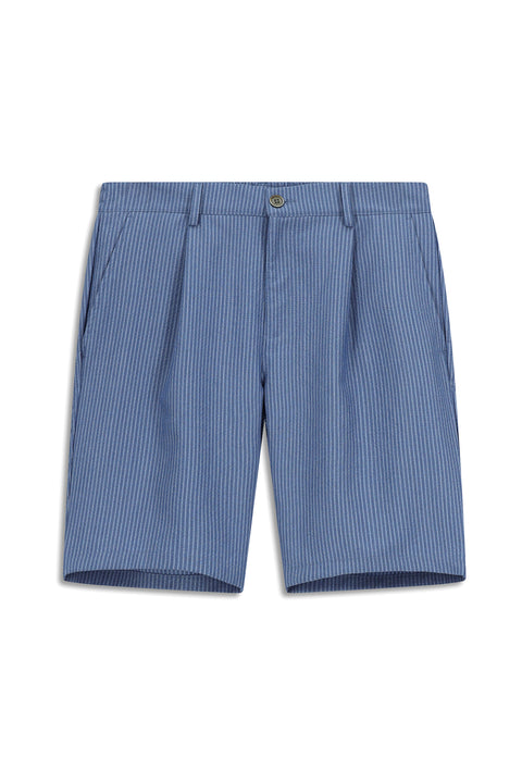 Indigo Regular Fit Standard Cut Lycra Striped Pleated Seersucker Bermuda Shorts