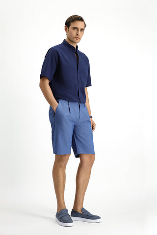  İndigo Regular Fit Standart Kesim Likralı Çizgili Pileli Gofre Bermuda Şort