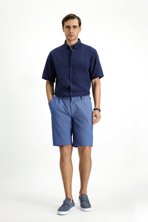 Indigo Regular Fit Standard Cut Lycra Striped Pleated Seersucker Bermuda Shorts