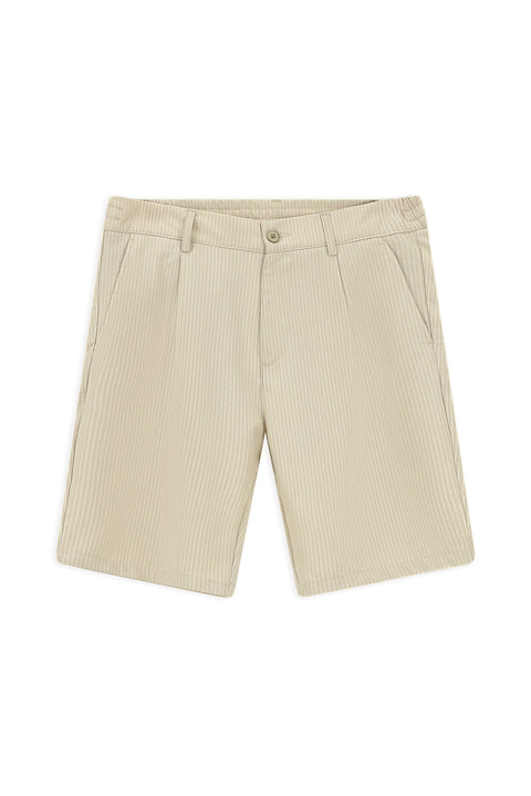 Light Beige Regular Fit Standard Cut Lycra Striped Pleated Gofre Bermuda Shorts