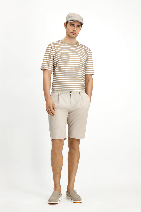 Light Beige Regular Fit Standard Cut Lycra Striped Pleated Gofre Bermuda Shorts