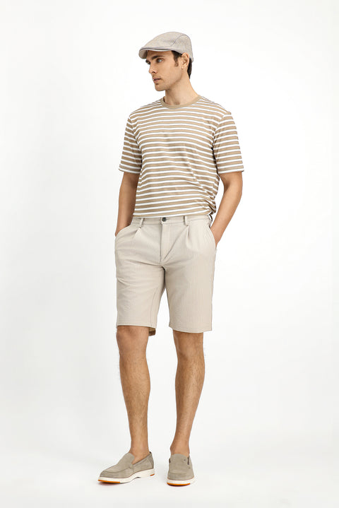 Light Beige Regular Fit Standard Cut Lycra Striped Pleated Gofre Bermuda Shorts
