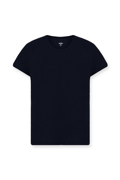 Dark Navy Crew Neck Slim Fit Narrow Cut Cotton Corduroy T-Shirt