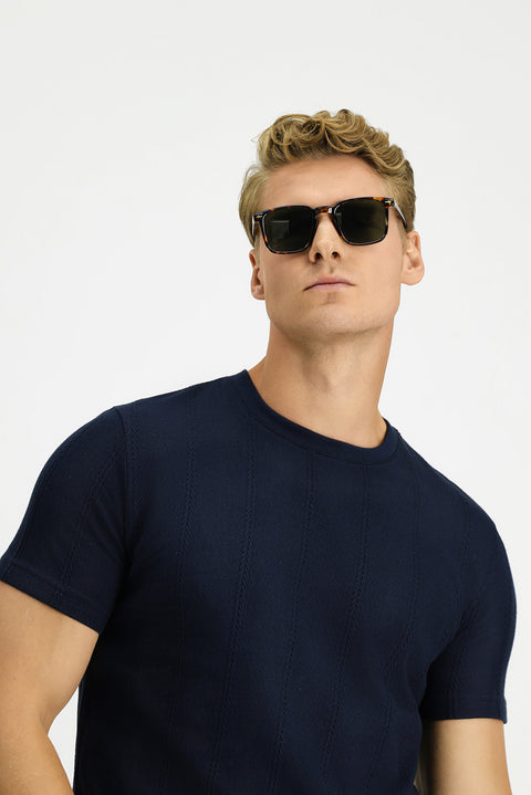 Medium Navy Crew Neck Regular Fit Patterned Cotton T-shirt