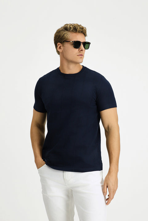 Medium Navy Crew Neck Regular Fit Patterned Cotton T-shirt
