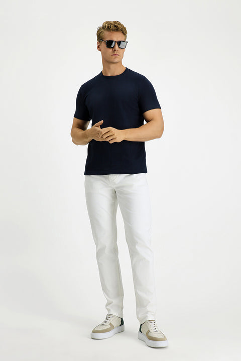 Medium Navy Crew Neck Regular Fit Patterned Cotton T-shirt