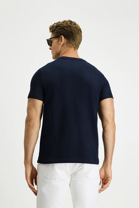 Medium Navy Crew Neck Regular Fit Patterned Cotton T-shirt