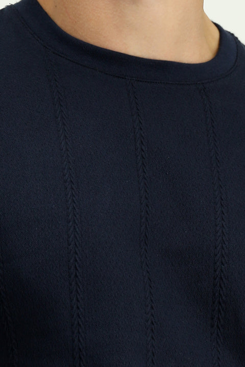 Medium Navy Crew Neck Regular Fit Patterned Cotton T-shirt