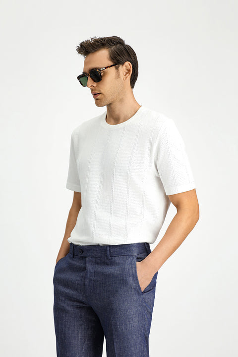 White Crew Neck Regular Fit Patterned Cotton T-shirt
