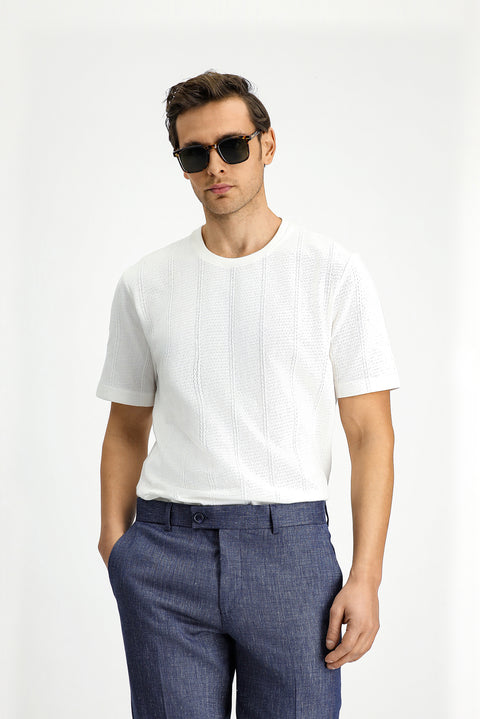 White Crew Neck Regular Fit Patterned Cotton T-shirt