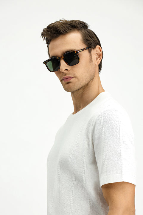 White Crew Neck Regular Fit Patterned Cotton T-shirt