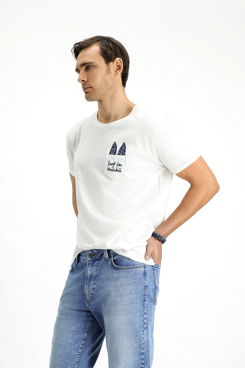 White Crew Neck Regular Fit Cotton Printed T-Shirt