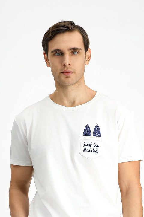 White Crew Neck Regular Fit Cotton Printed T-Shirt