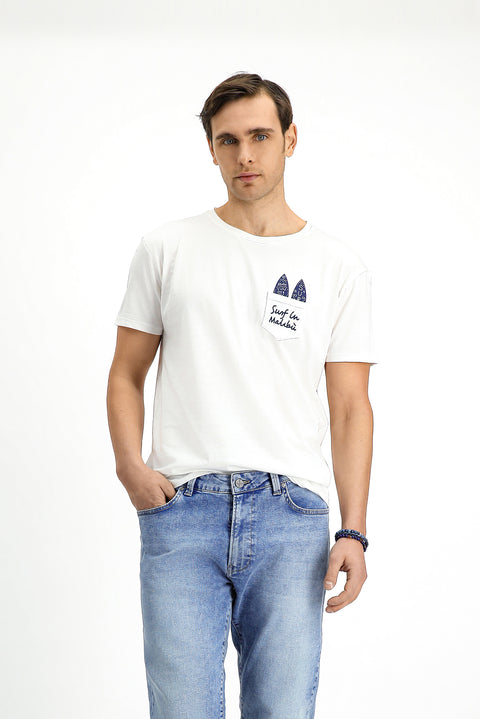 White Crew Neck Regular Fit Cotton Printed T-Shirt