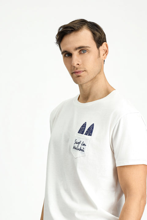 White Crew Neck Regular Fit Cotton Printed T-Shirt
