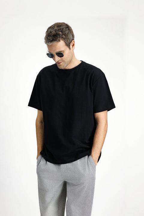 Black Crew Neck Oversize Cotton Printed T-Shirt
