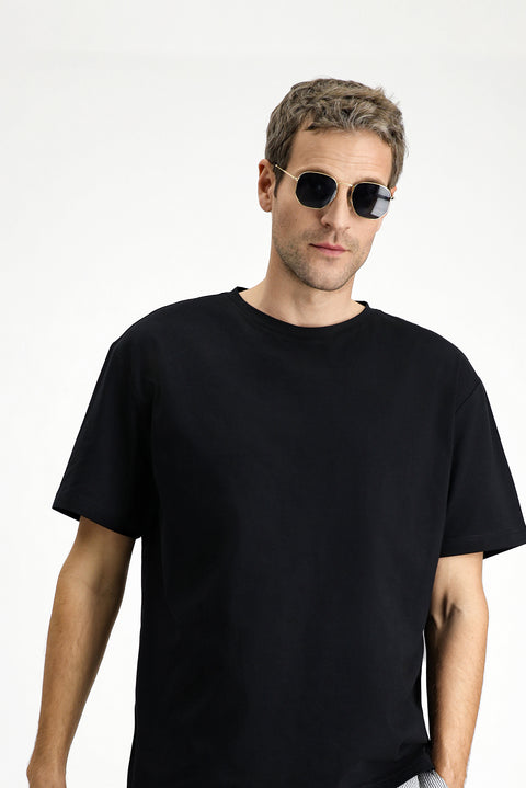 Black Crew Neck Oversize Cotton Printed T-Shirt