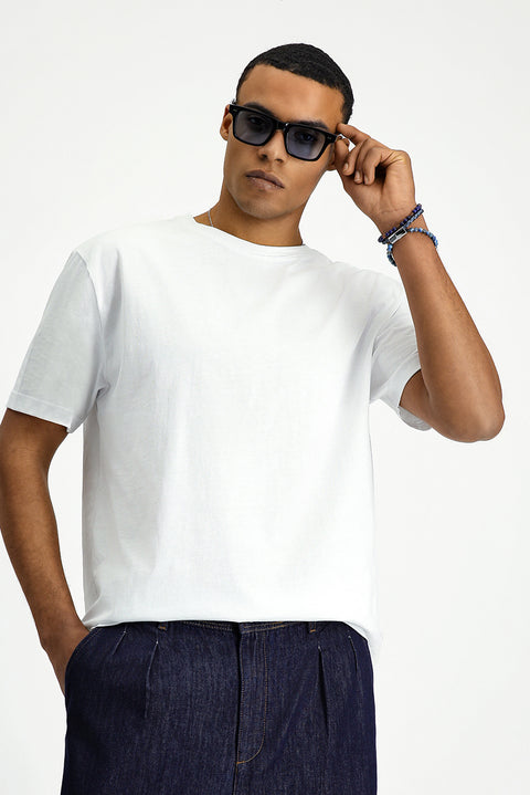 White Crew Neck Oversize Cotton Printed T-Shirt