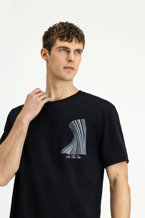 Black Crew Neck Oversize Cotton Printed T-Shirt