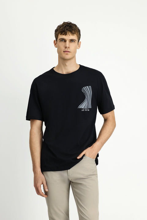 Black Crew Neck Oversize Cotton Printed T-Shirt