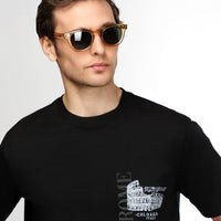 Black Crew Neck Regular Fit Printed Cotton T-shirt