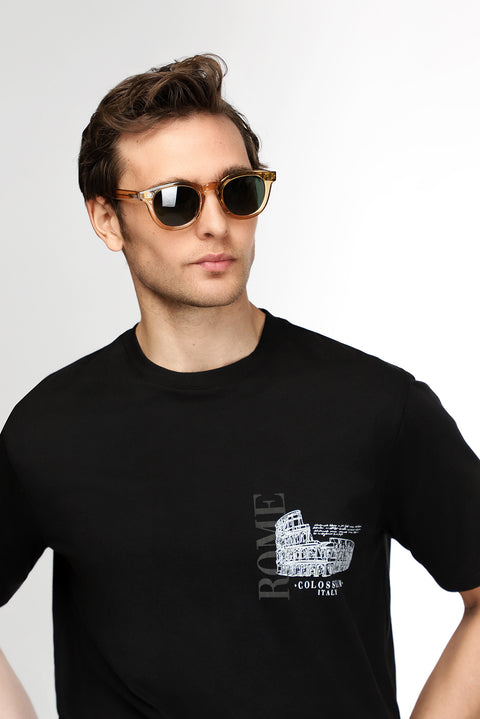Black Crew Neck Regular Fit Printed Cotton T-shirt