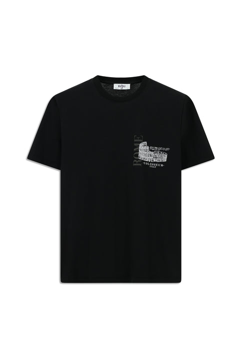 Black Crew Neck Regular Fit Printed Cotton T-shirt