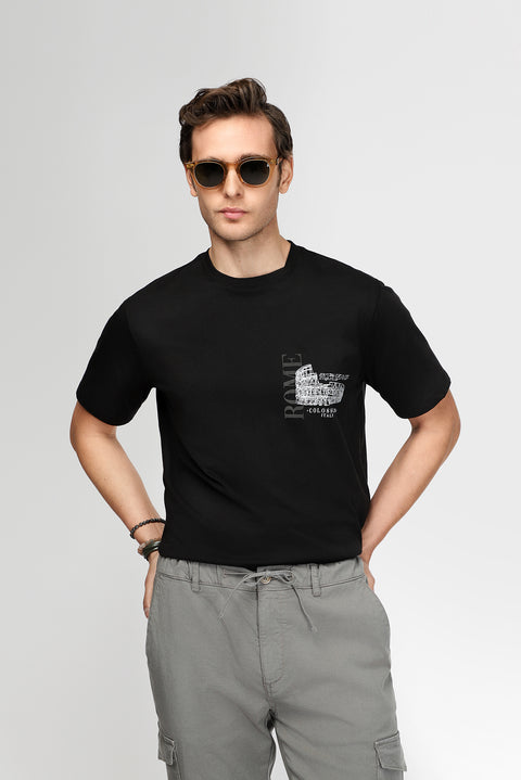 Black Crew Neck Regular Fit Printed Cotton T-shirt