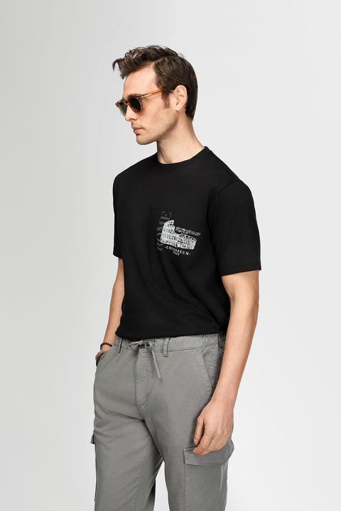 Black Crew Neck Regular Fit Printed Cotton T-shirt