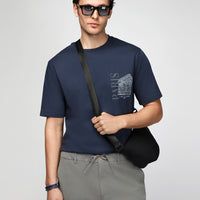 Dark Navy Crew Neck Regular Fit Printed Cotton T-shirt