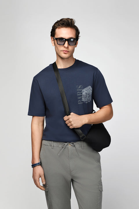 Dark Navy Crew Neck Regular Fit Printed Cotton T-shirt