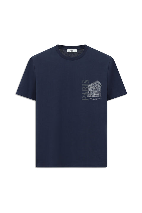 Dark Navy Crew Neck Regular Fit Printed Cotton T-shirt