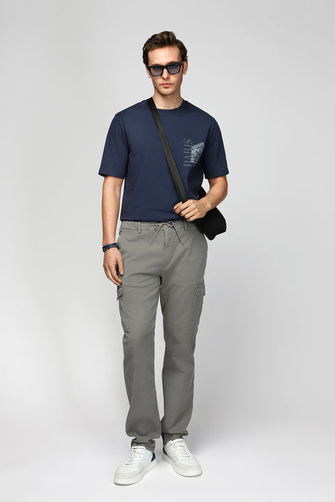 Dark Navy Crew Neck Regular Fit Printed Cotton T-shirt