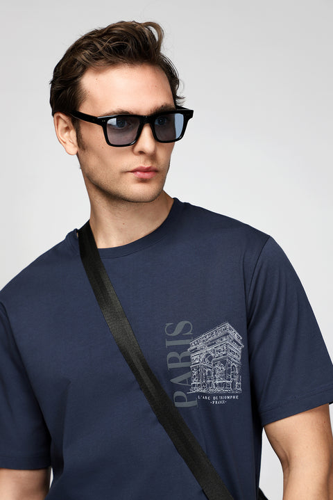 Dark Navy Crew Neck Regular Fit Printed Cotton T-shirt