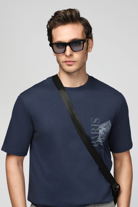 Dark Navy Crew Neck Regular Fit Printed Cotton T-shirt