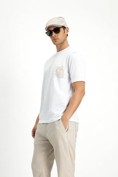 White Crew Neck Regular Fit Printed Cotton T-shirt