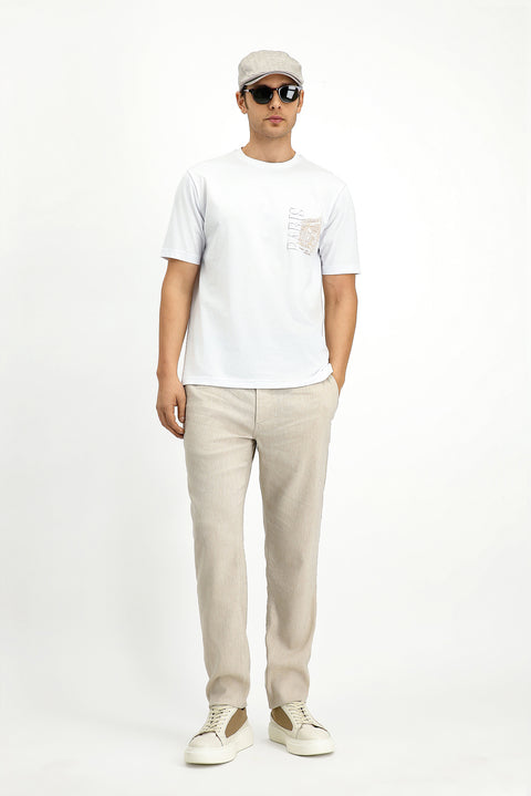 White Crew Neck Regular Fit Printed Cotton T-shirt