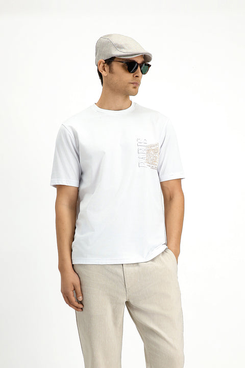White Crew Neck Regular Fit Printed Cotton T-shirt