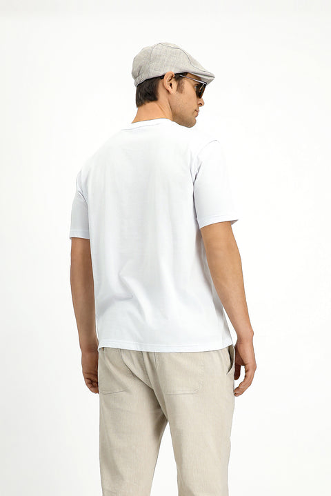 White Crew Neck Regular Fit Printed Cotton T-shirt