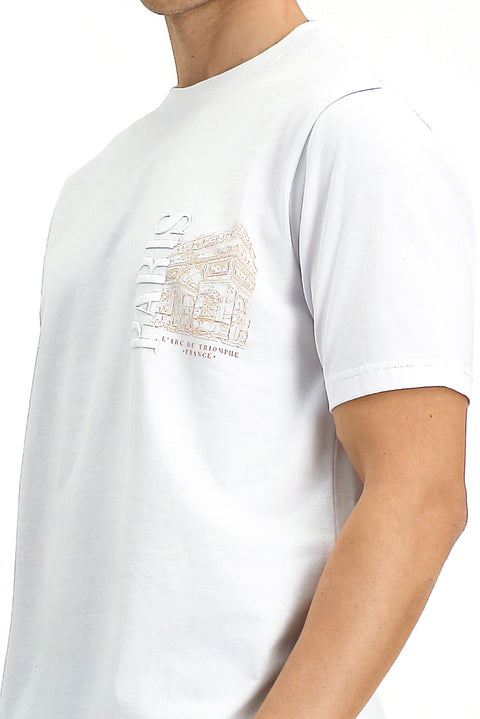 White Crew Neck Regular Fit Printed Cotton T-shirt