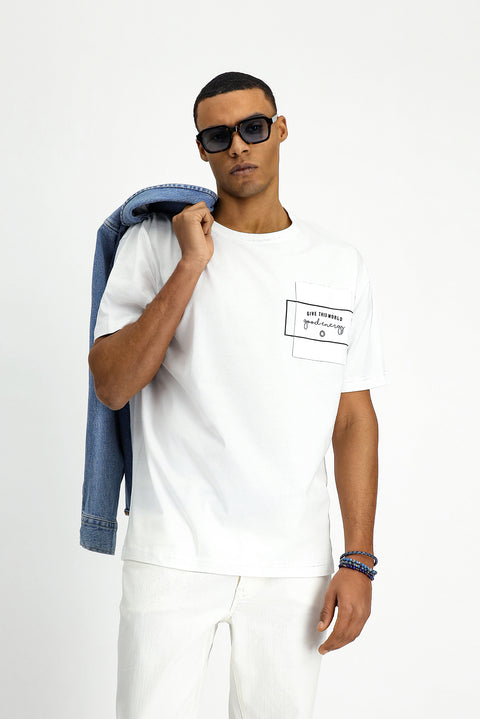 White Crew Neck Oversize Cotton Printed T-Shirt