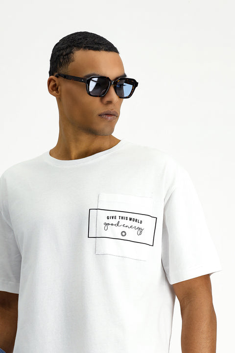 White Crew Neck Oversize Cotton Printed T-Shirt
