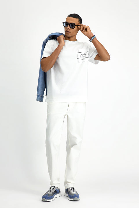 White Crew Neck Oversize Cotton Printed T-Shirt