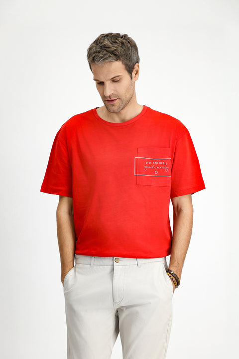 Flag Red Crew Neck Oversize Cotton Printed T-Shirt
