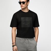 Black Crew Neck Regular Fit Cotton Printed T-Shirt