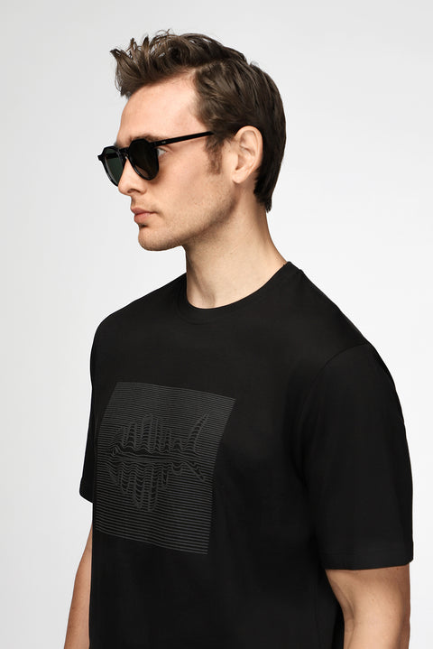 Black Crew Neck Regular Fit Cotton Printed T-Shirt